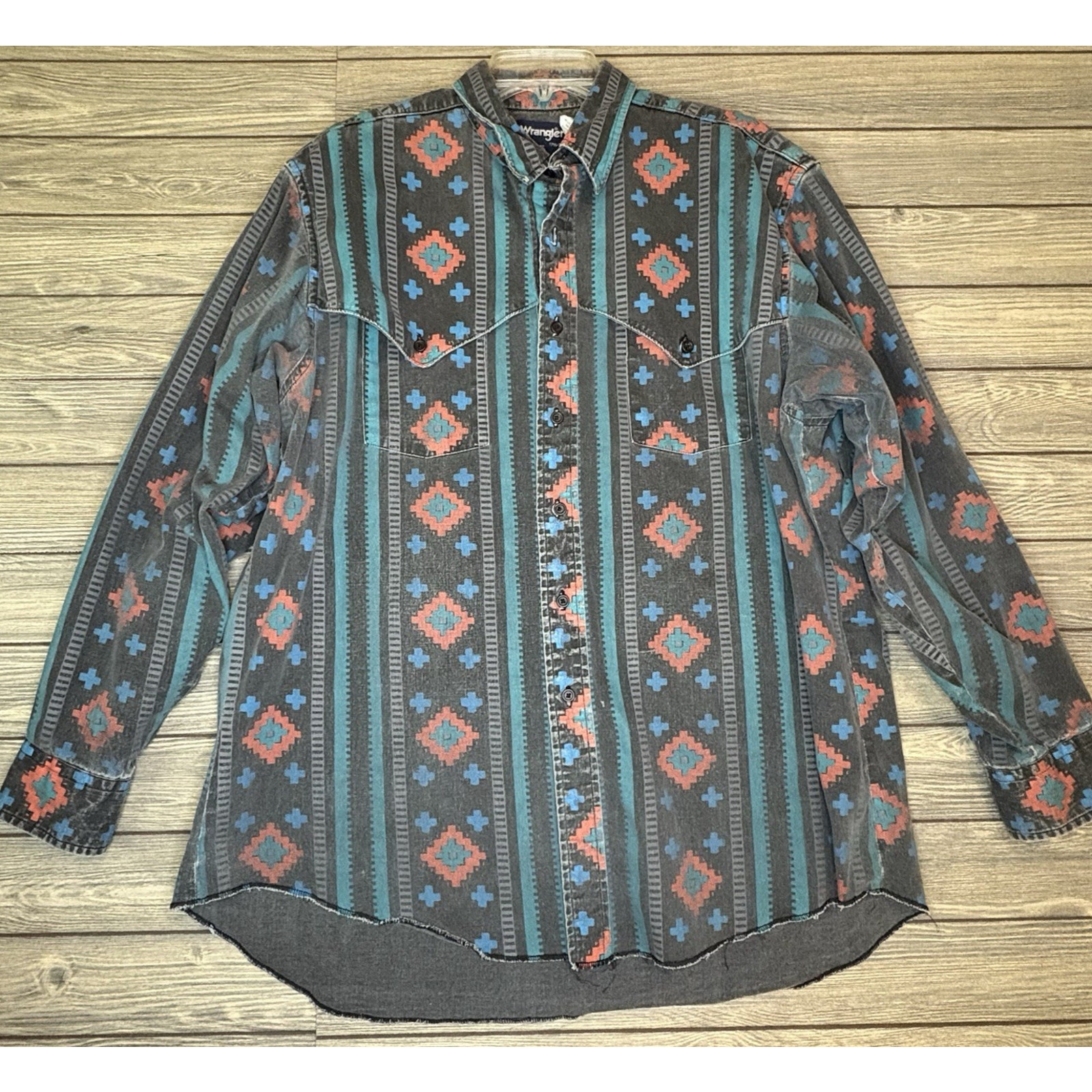 VTG Wrangler Brushpopper Shirt Mens 17.5 X 35 Black Aztec X Long Tail Cowboy Cut