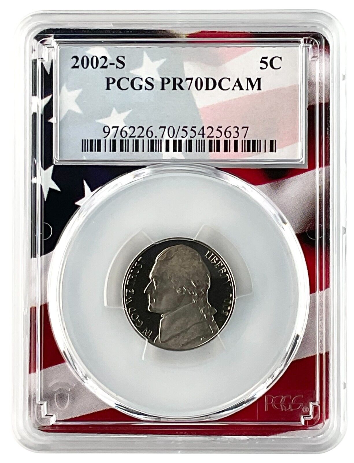 2002 S Jefferson Nickel PCGS PR70 DCAM Flag Picture Frame