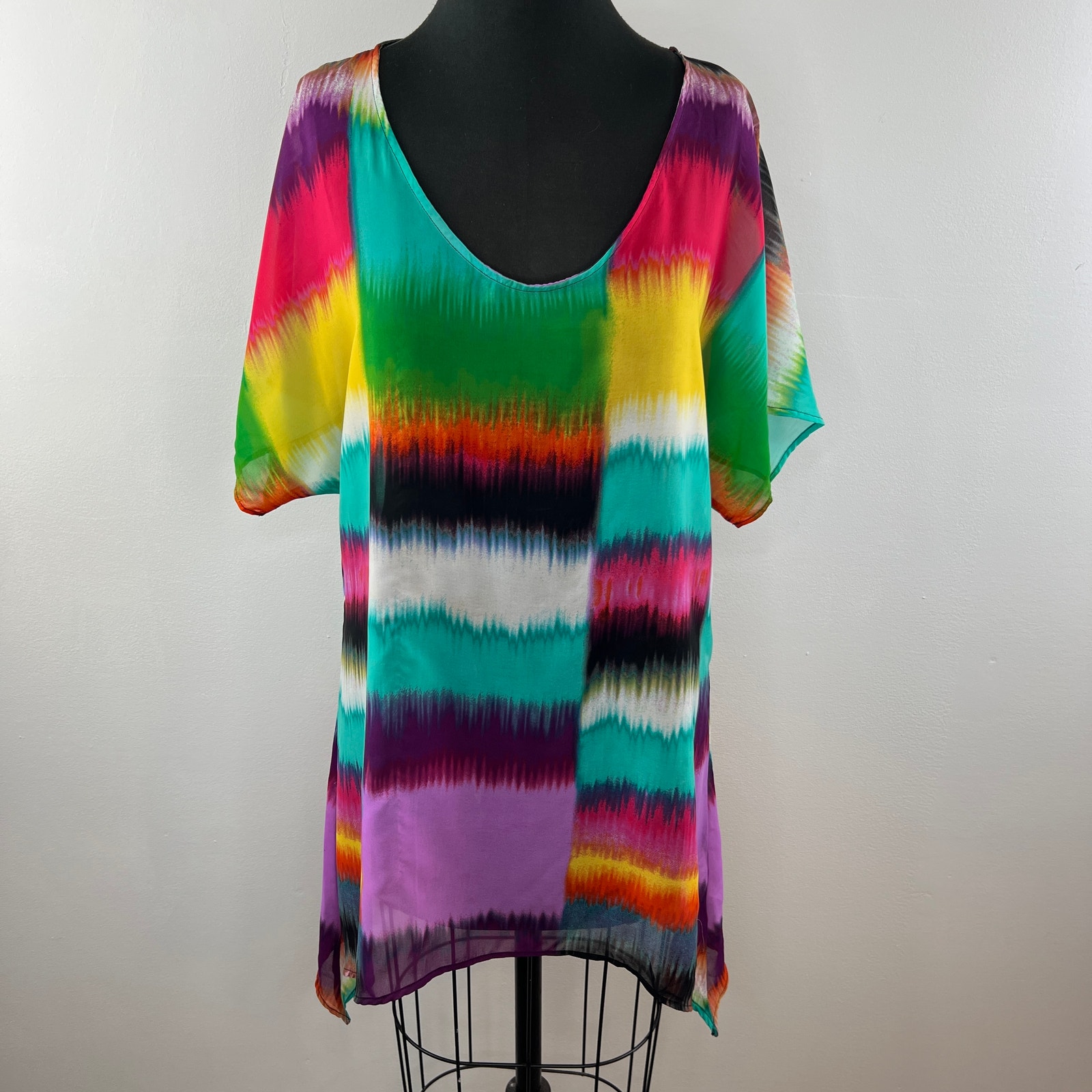 LA BLANCA Multicolor Colorful Dip Dye Tie Dye Short Sleeve Cover Up Tunic Top XS