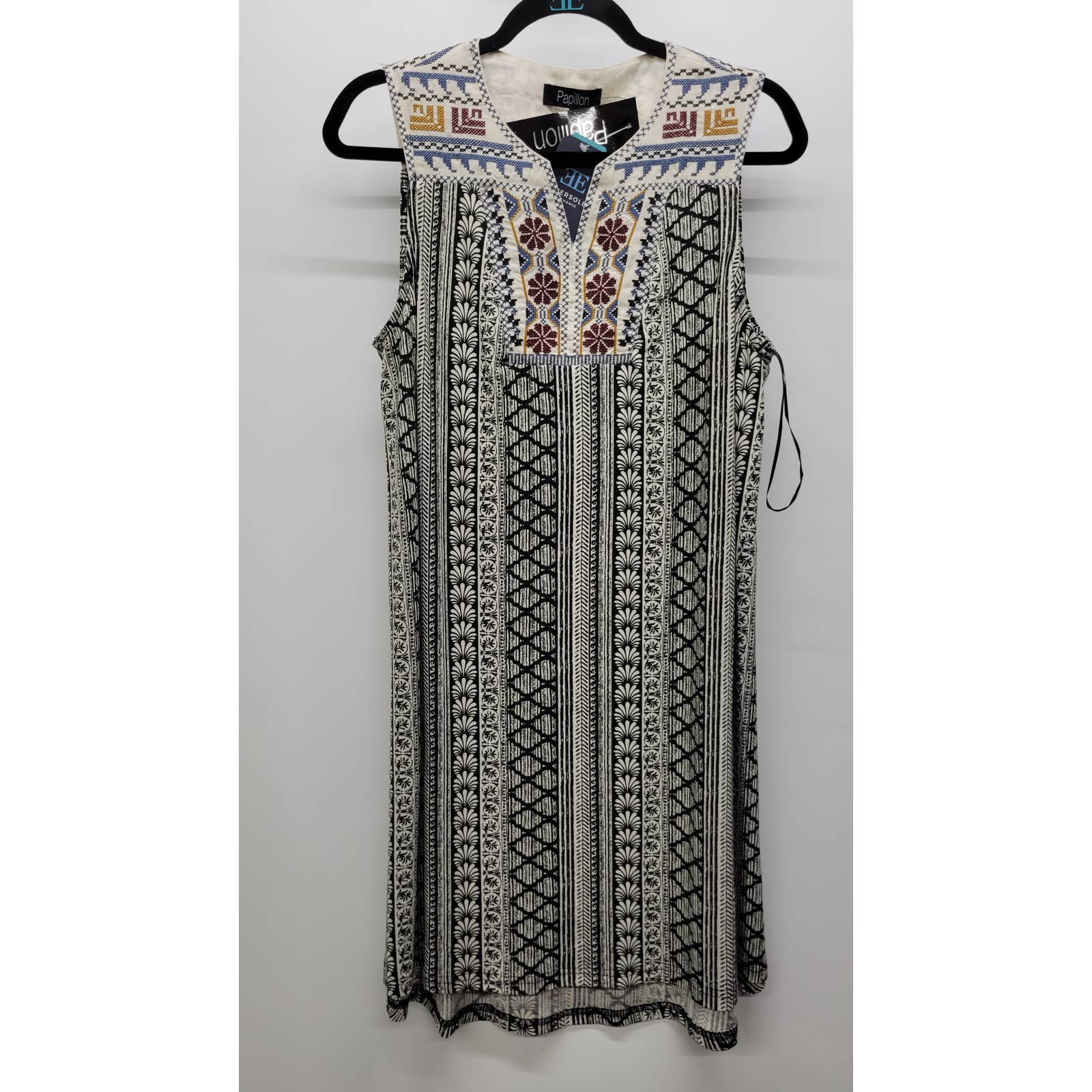 Papillon Boho Peasant Embroidered Casual Shift Dress Large Sleeveless High Low