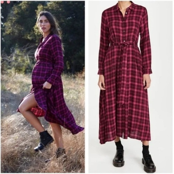 Hatch Maternity Plaid Pink Button Shirt Dress Alyssa Checked Maxi