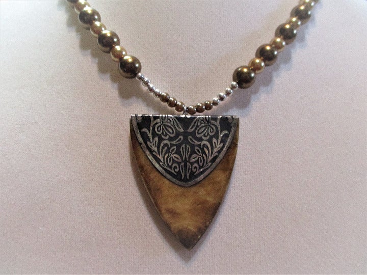 Unisex Wood & Metal Inverted Triangle Pendant w/Glass Pearl Rounds Necklace