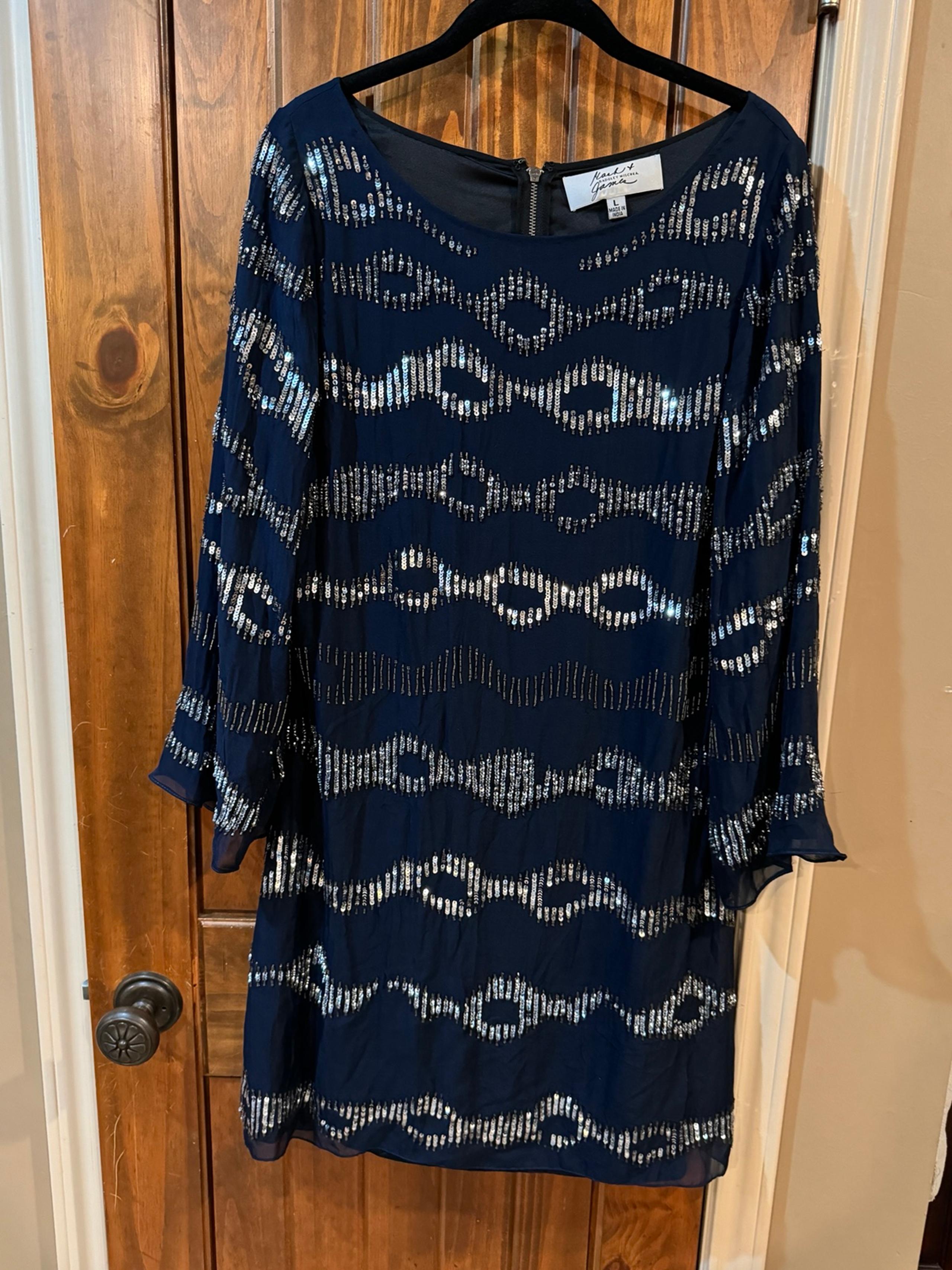 badgley mischka navy dress with silver sequins