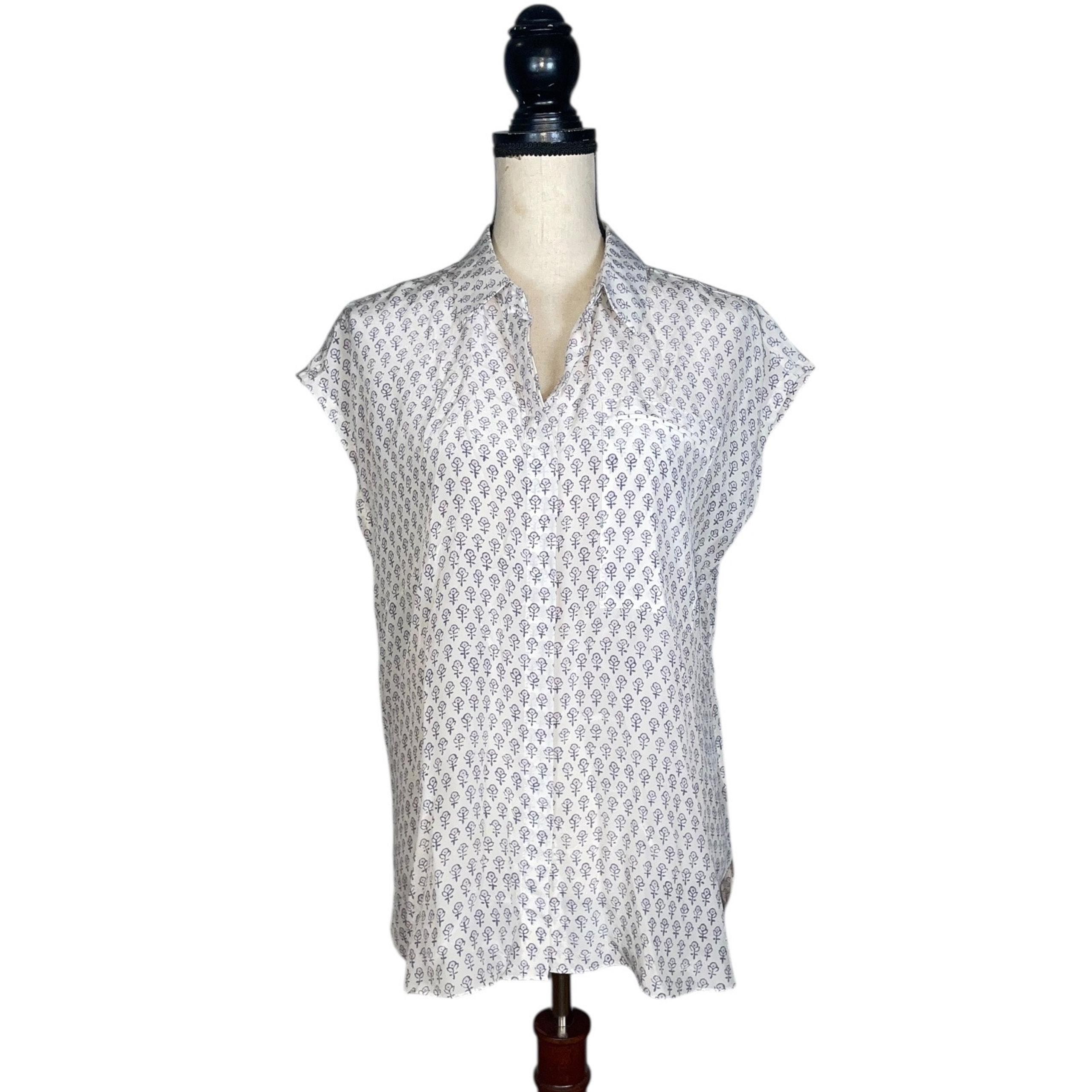 Rebecca Taylor 100% Silk White Floral Sleeveless Button-Down Shirt   Size: 6