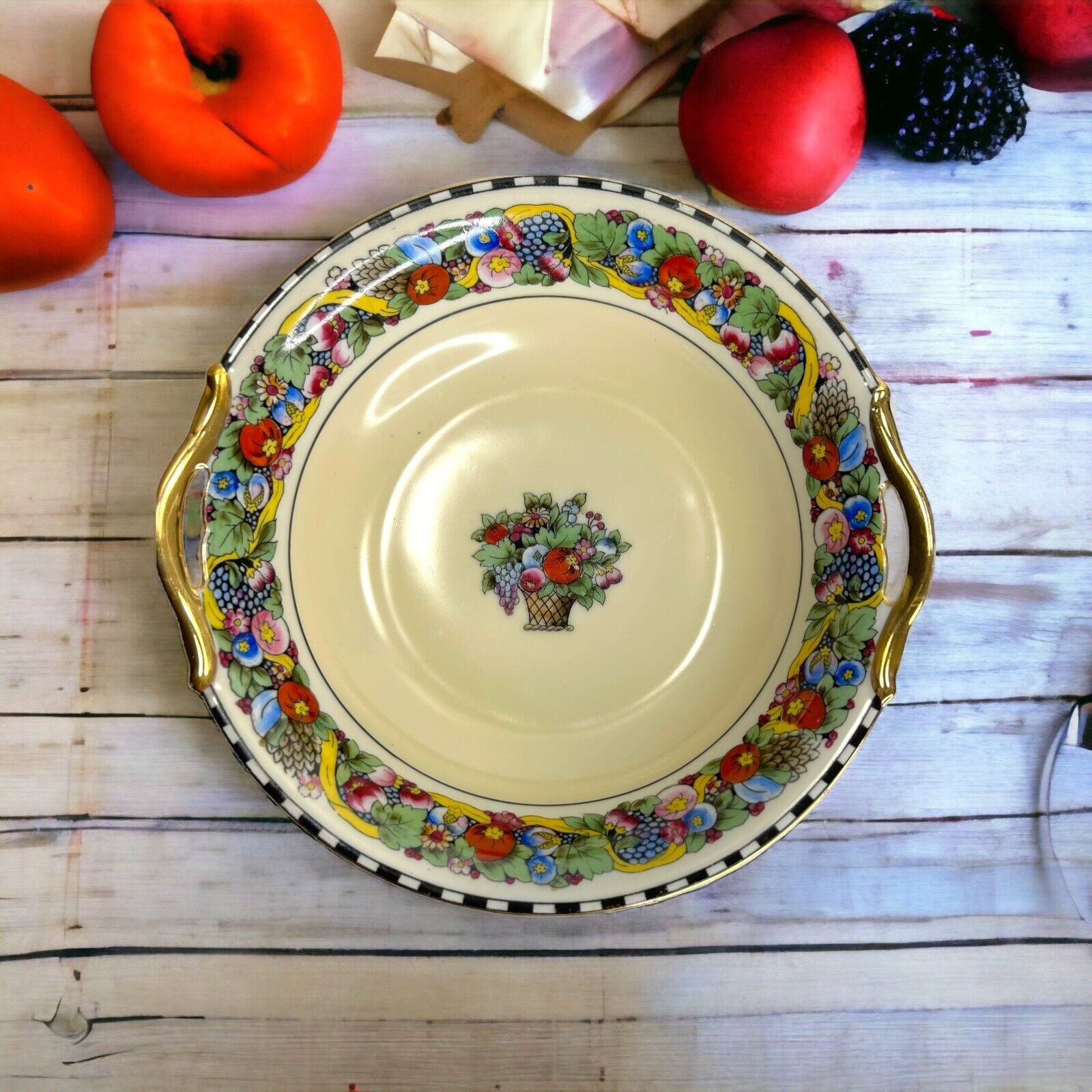 Vintage Noritake Fruit Basket Serving Bowl 9.5” Gold Handles Japan