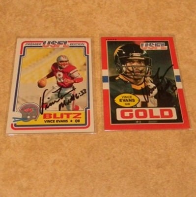 XRARE VINCE EVANS 1984 & 1985 Topps USFL Auto Signed Blitz/Gold/Raiders