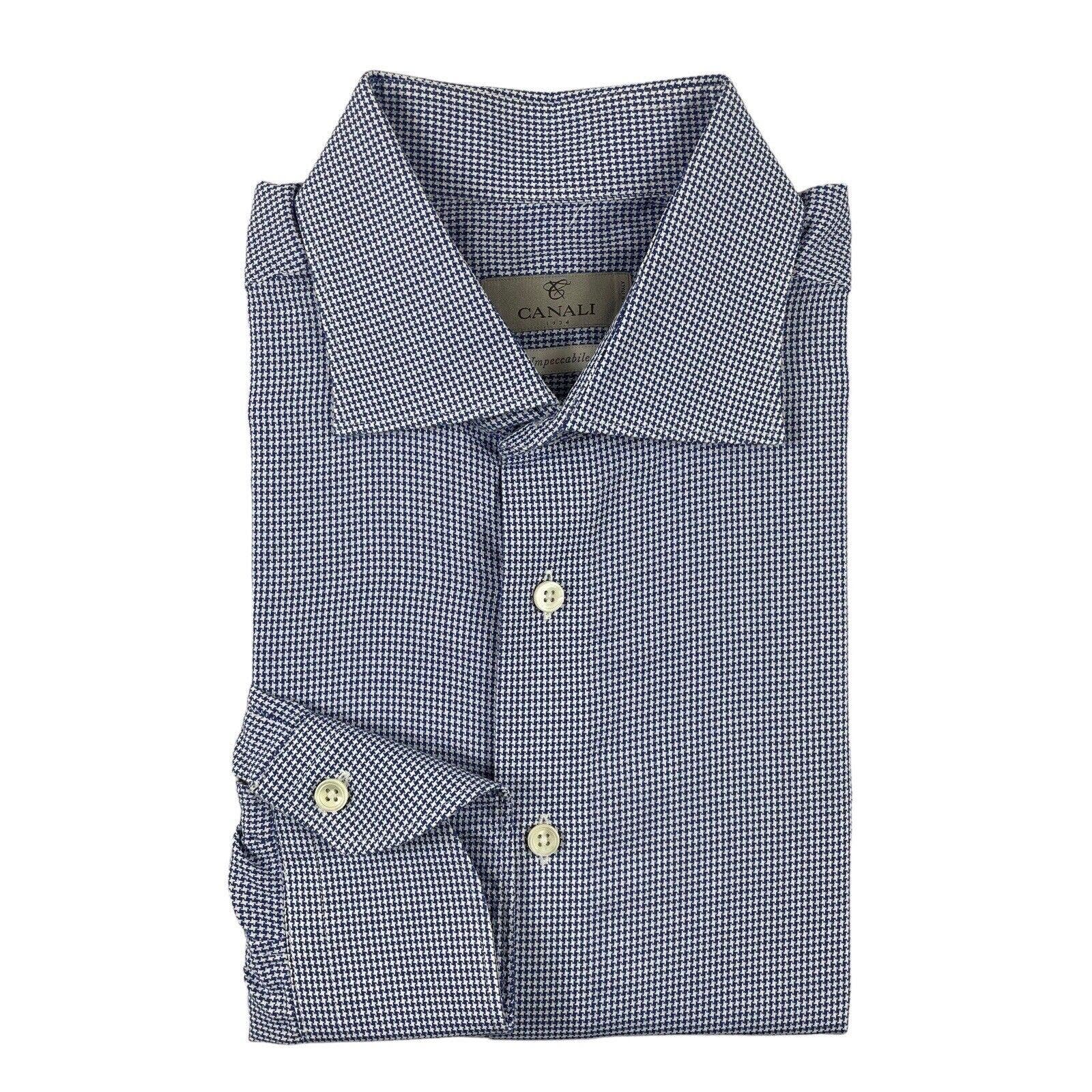 Canali 1934 Blue White Patterned Houndstooth Mens L/S Cotton Button Front 16/41