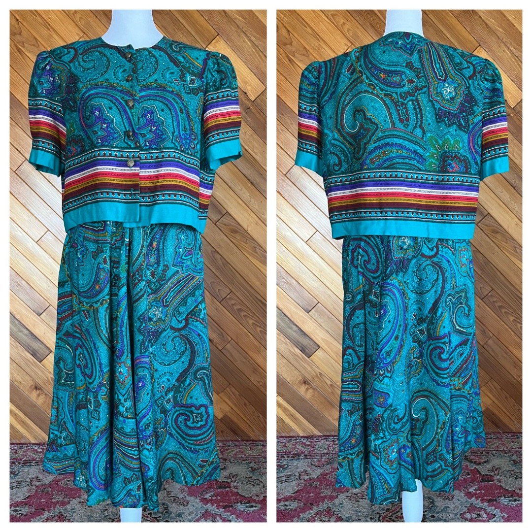 Vintage 80s Teal Paisley Two-Piece Set