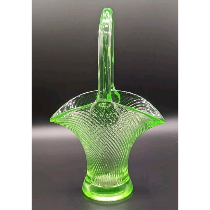 Tiffin Uranium Glass Basket with Handle Green Spiral Optic Antique 11 #15331