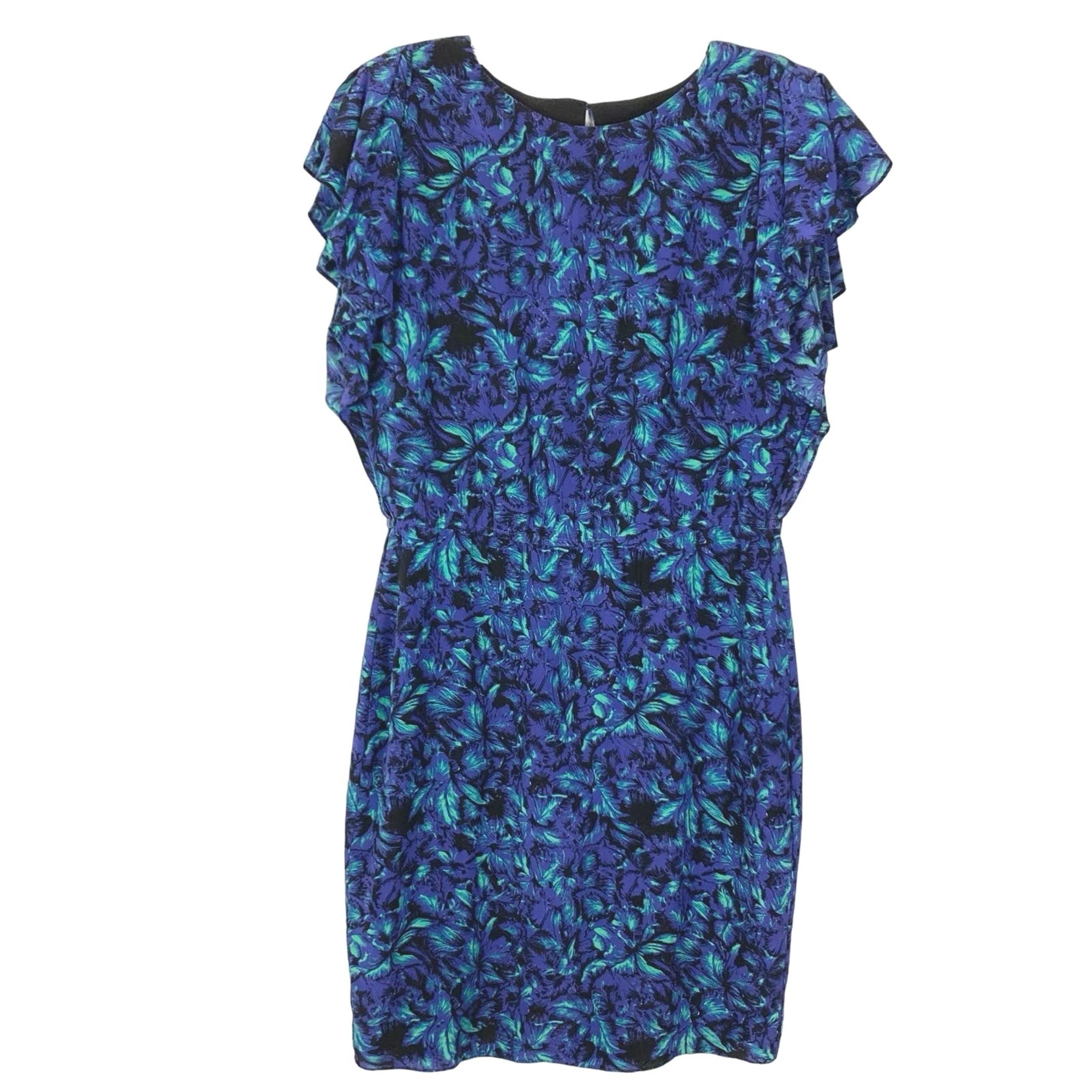 NWOT REISS Dress 6 Silk Floral Purple Green Flutter Sleeve Pocket Knee Lined