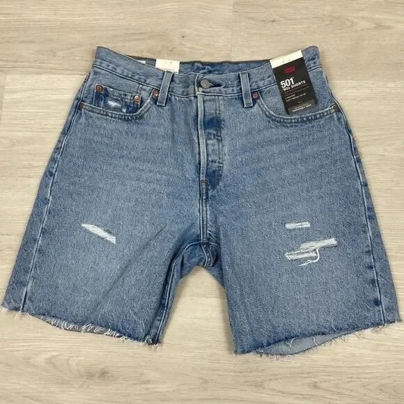 Levis 501 90s Denim Shorts Womens 24 Medium Wash High Rise Distressed A19620002