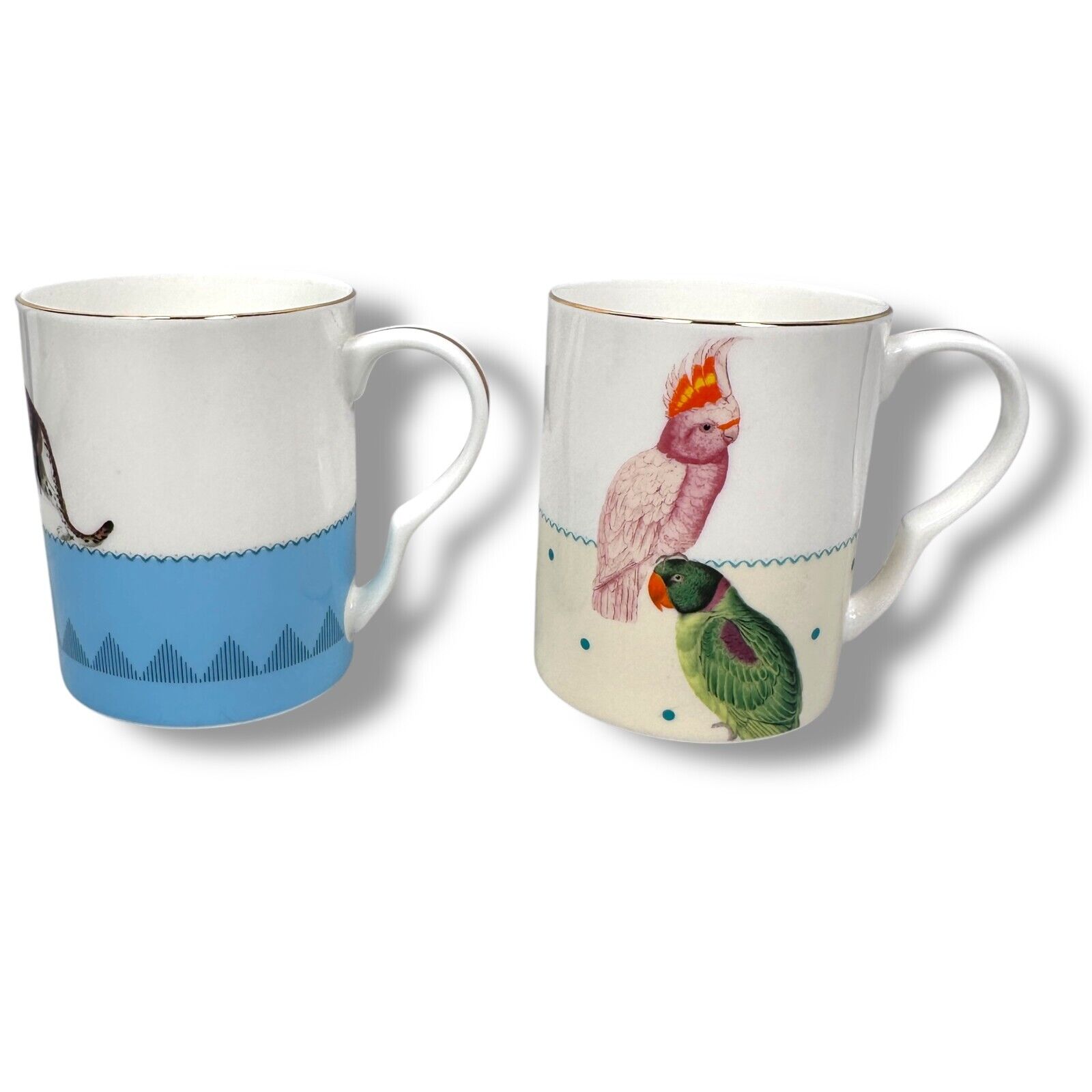 Yvonne Ellen Leopard Parrots Coffee Mugs White Animal Print Birds Lot of 2 Cups