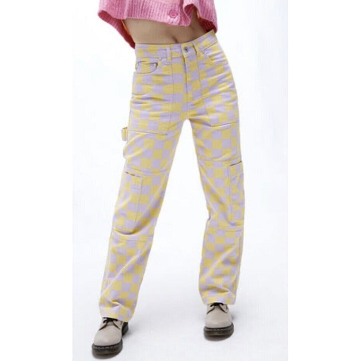 Ragged Jeans Womens Sz 24 Yellow & Purple Beat Checkerboard Combat Jeans