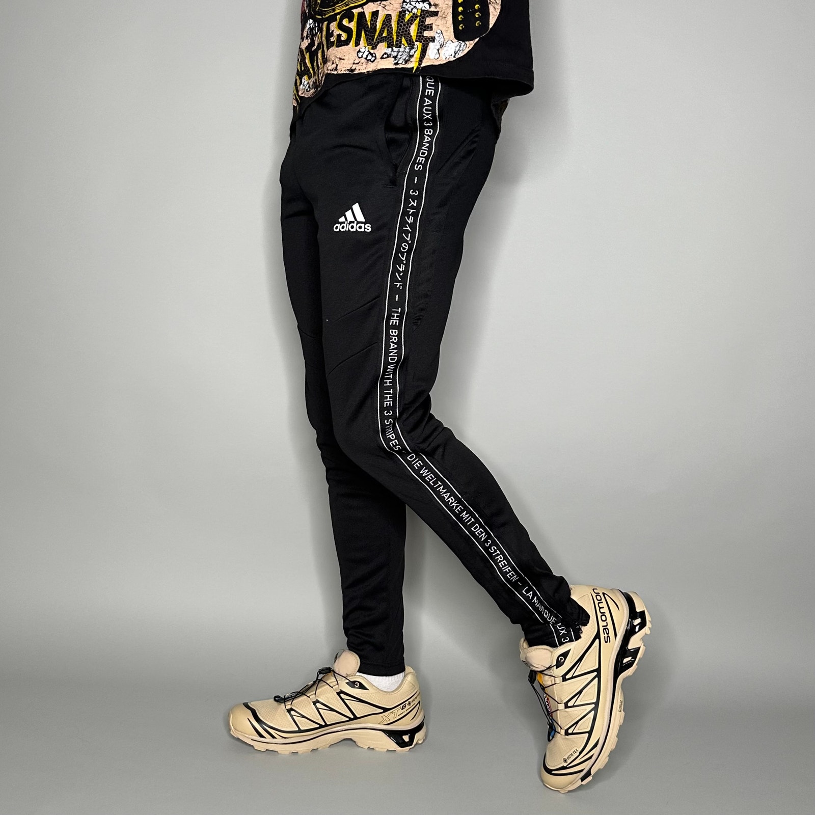 Adidas Sweatpants Black Polyester Joggers White Soccer Style Slim Fit Zippers
