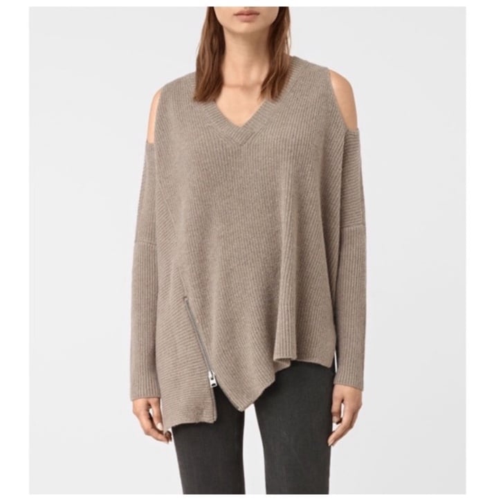 All Saints Open Shoulder Side Zipper Asymmetrical Relaxed Sweater Jumper fall