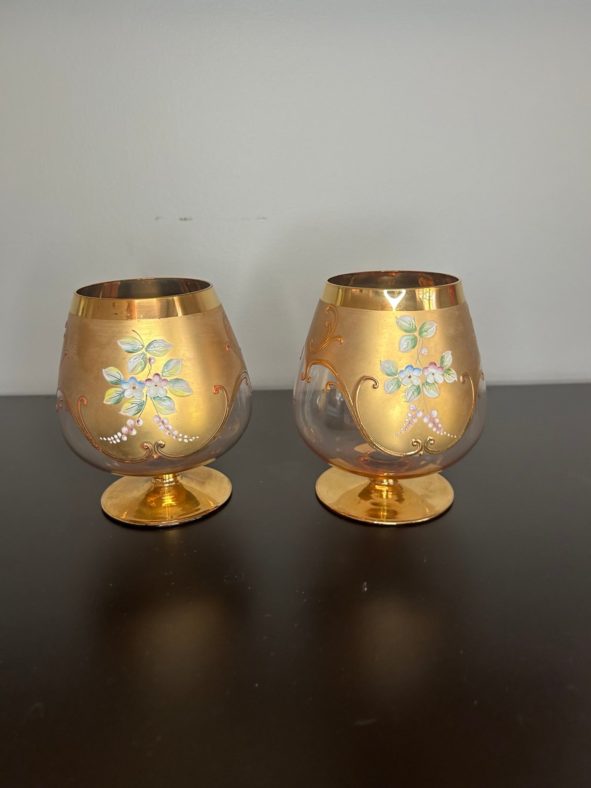 Vintage Czech Republic Bohemian Style Enamel Floral Glasses Large Goblet