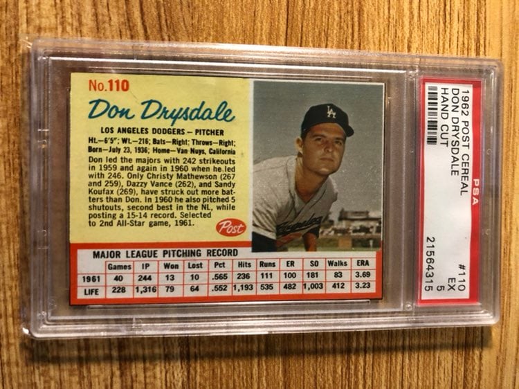 1962 Post Cereal Don Drysdale Hand Cut Baseball Card. #110. PSA Graded EX 5.