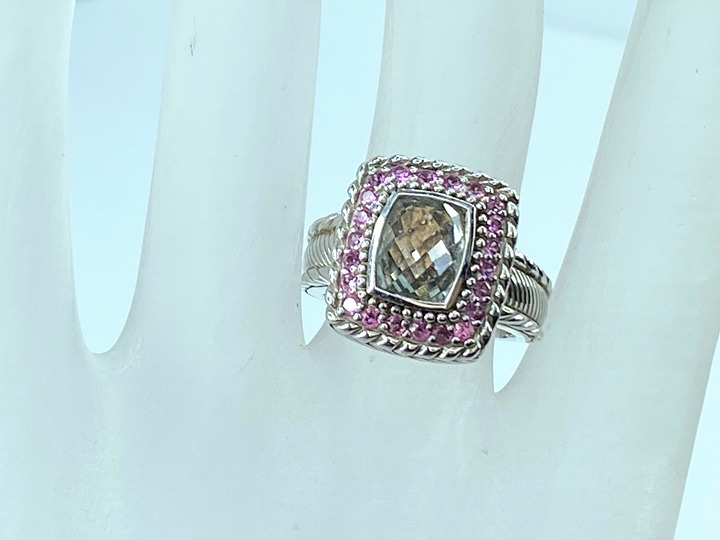 Judith Ripka sterling silver green amethyst pink sapphire ring 9.9g s7.25 JR8765