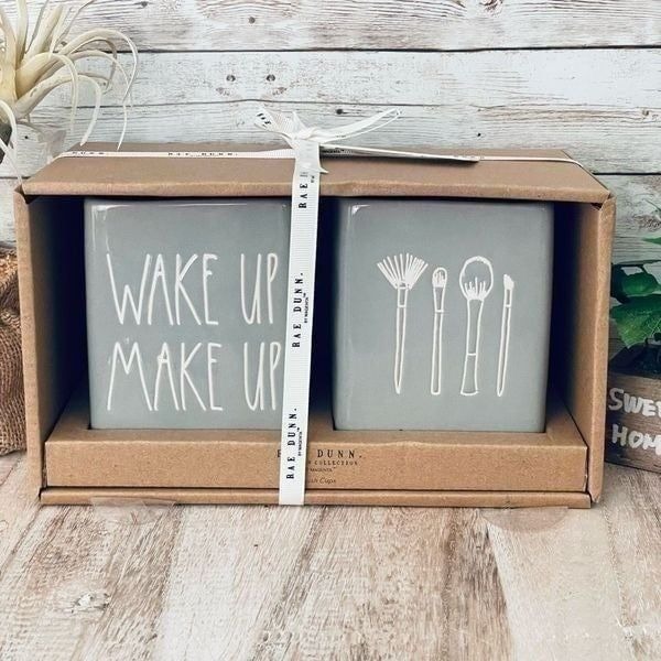 New in Box Rae Dunn 2 Pcs Grey White Wake up Make up Brushes Ceramic Holders Set