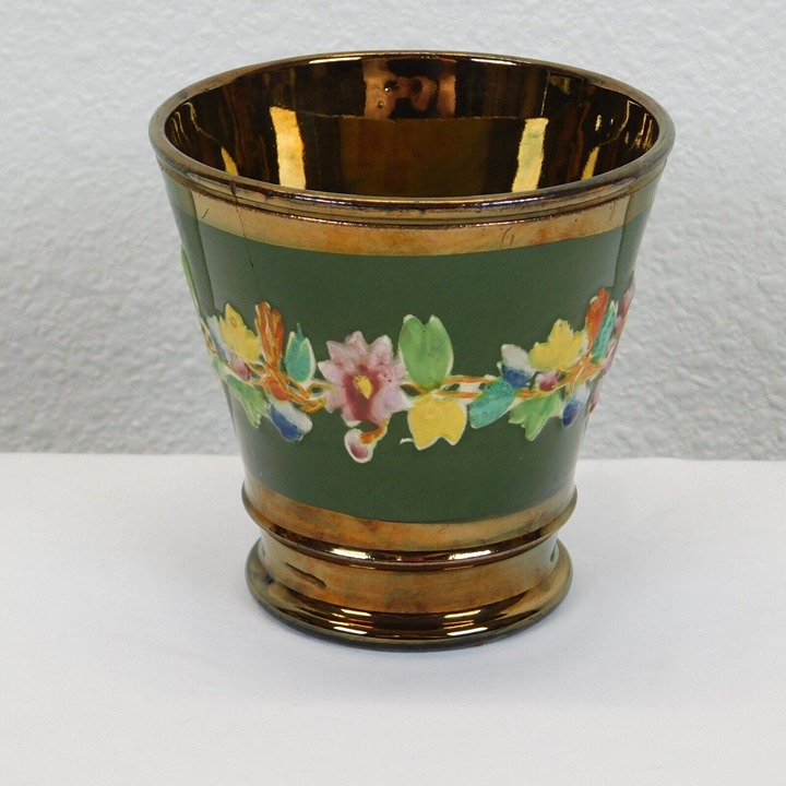 Copper Lusterware Floral Design Beaker Pudding Cup Antique 4 mid 1800's FLAW