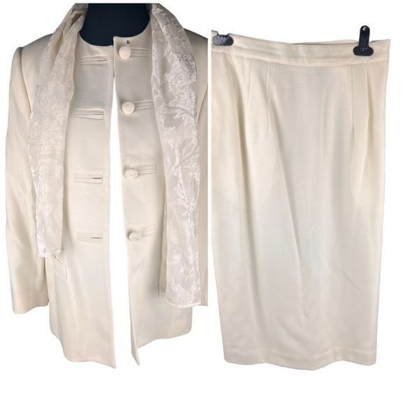 Valerie Stevens 100% wool cream ivory skirt blazer suit set scarf size 10