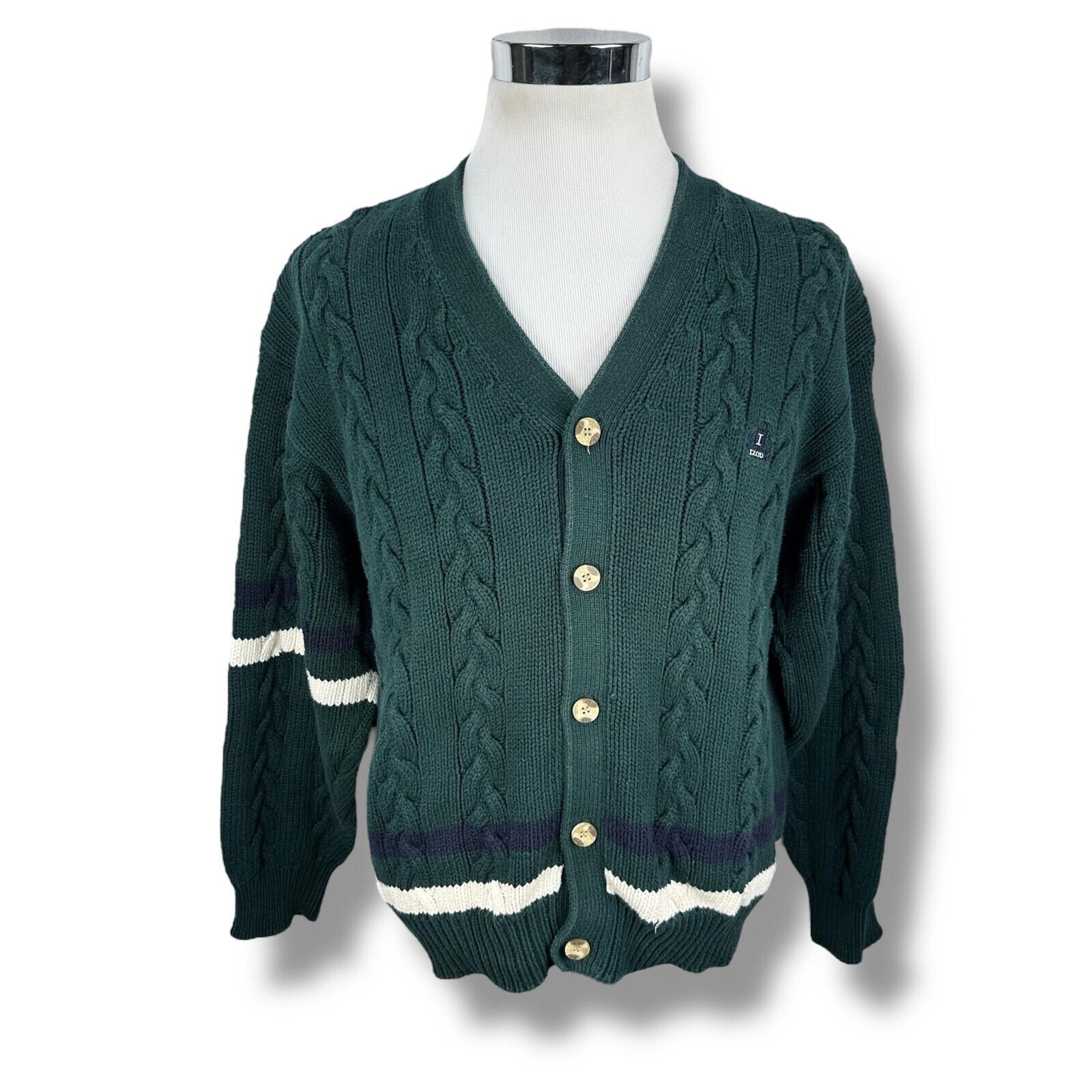 Vintage Izod Cable Knit Tennis Cardigan Sweater Mens XL Green Long Sleeve Stripe