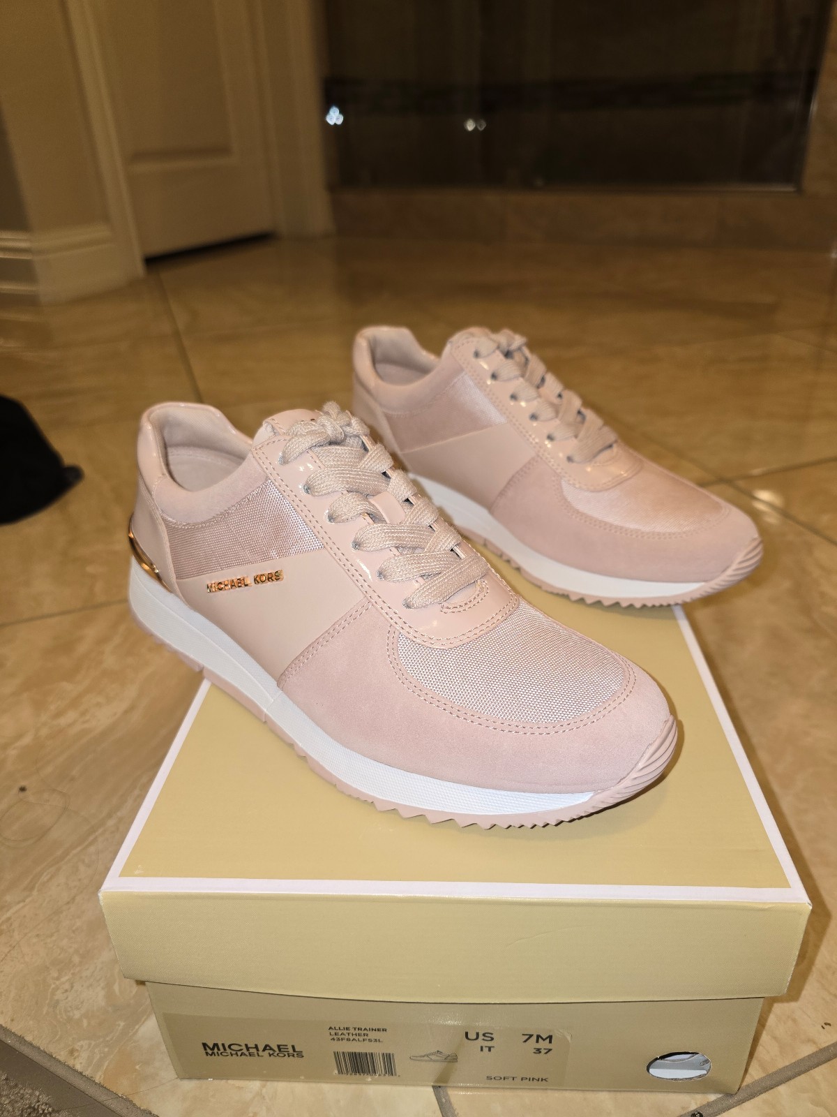 michael michael kors allie embellished leather and canvas trainer