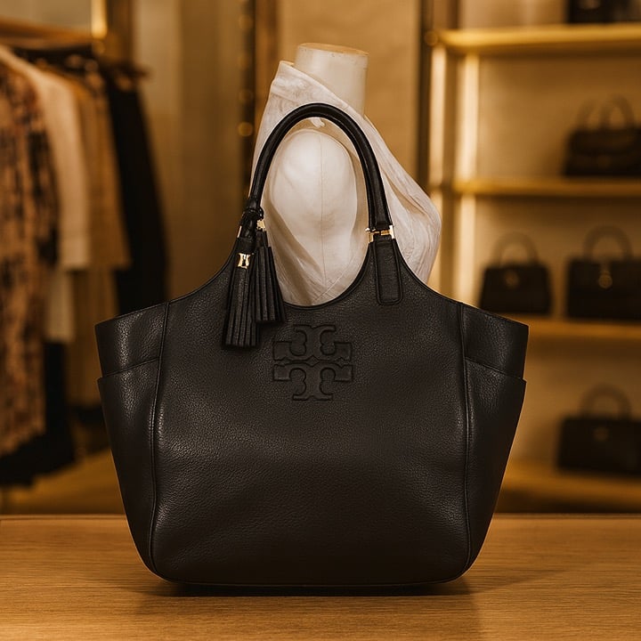 NEW Tory Burch Thea Black Pebbled Leather Large Round Tote Bag/Shopper Tote