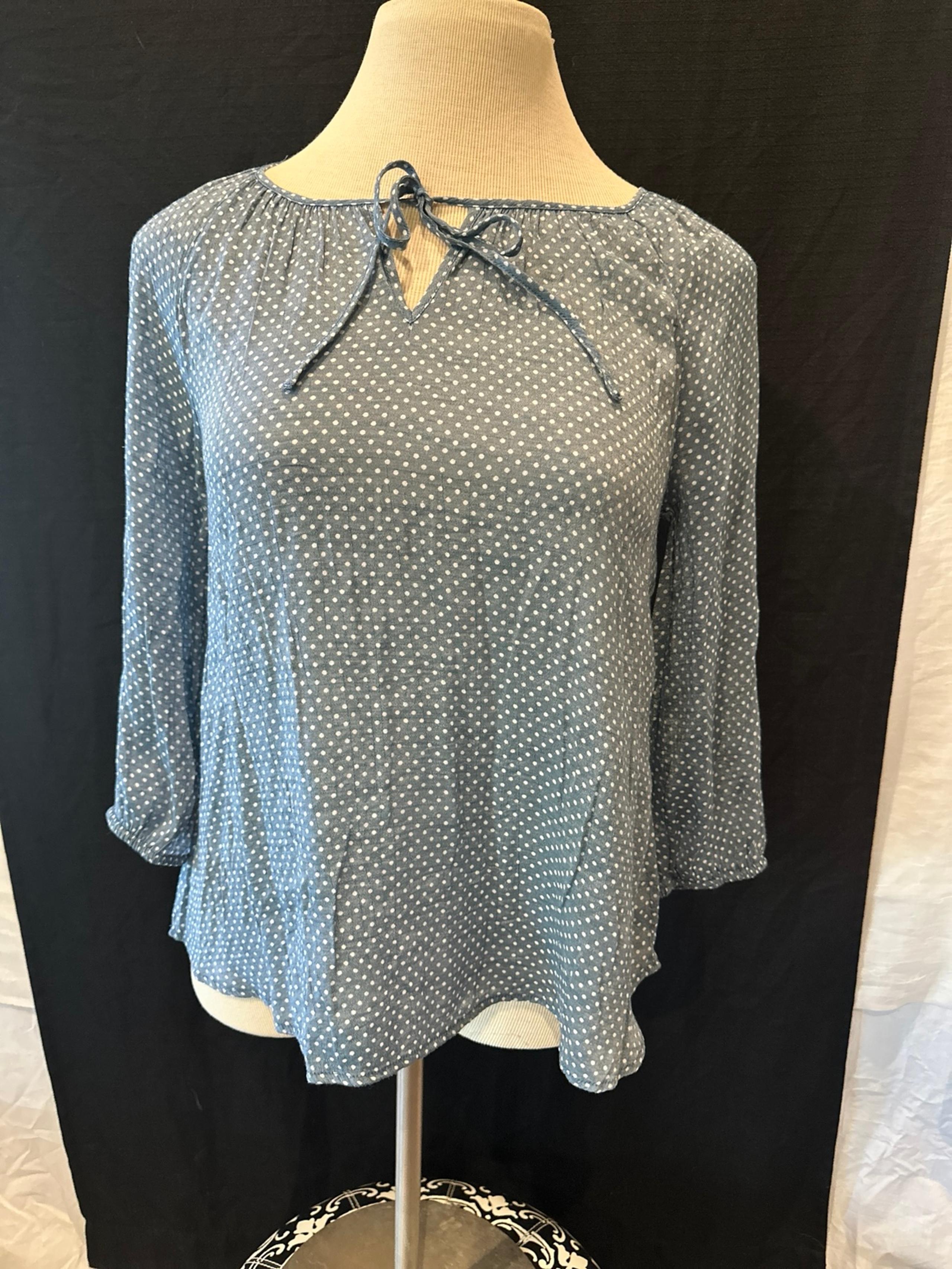 FRED DAVID WHITE AND BLUE POLKA DOT 3/4 SLEEVE BLOUSE TIE FRONT *FREE SHIPPING*
