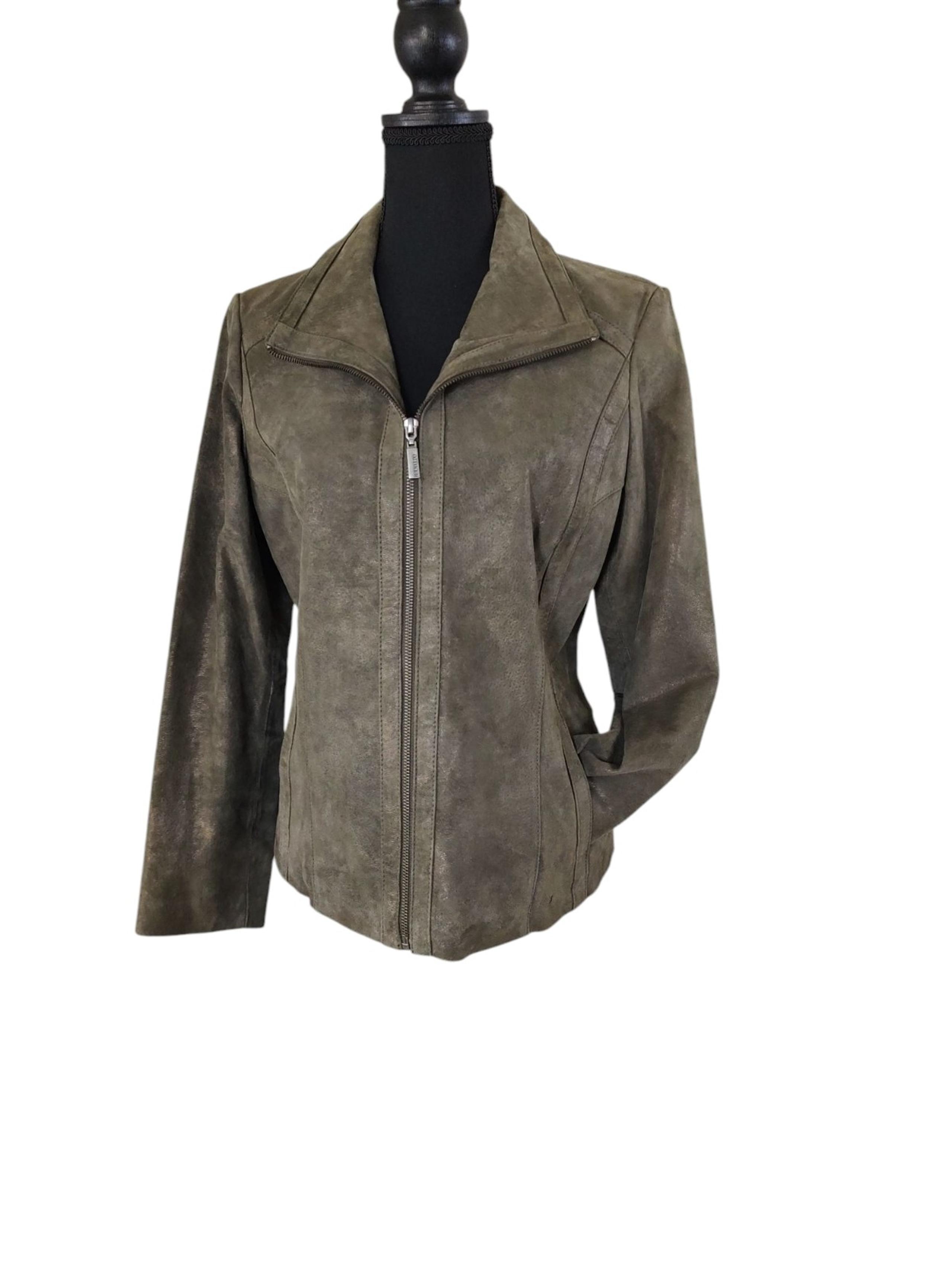 Bernardo Italian Olive Bronze Leather Moto Zip Medium Jacket Coat