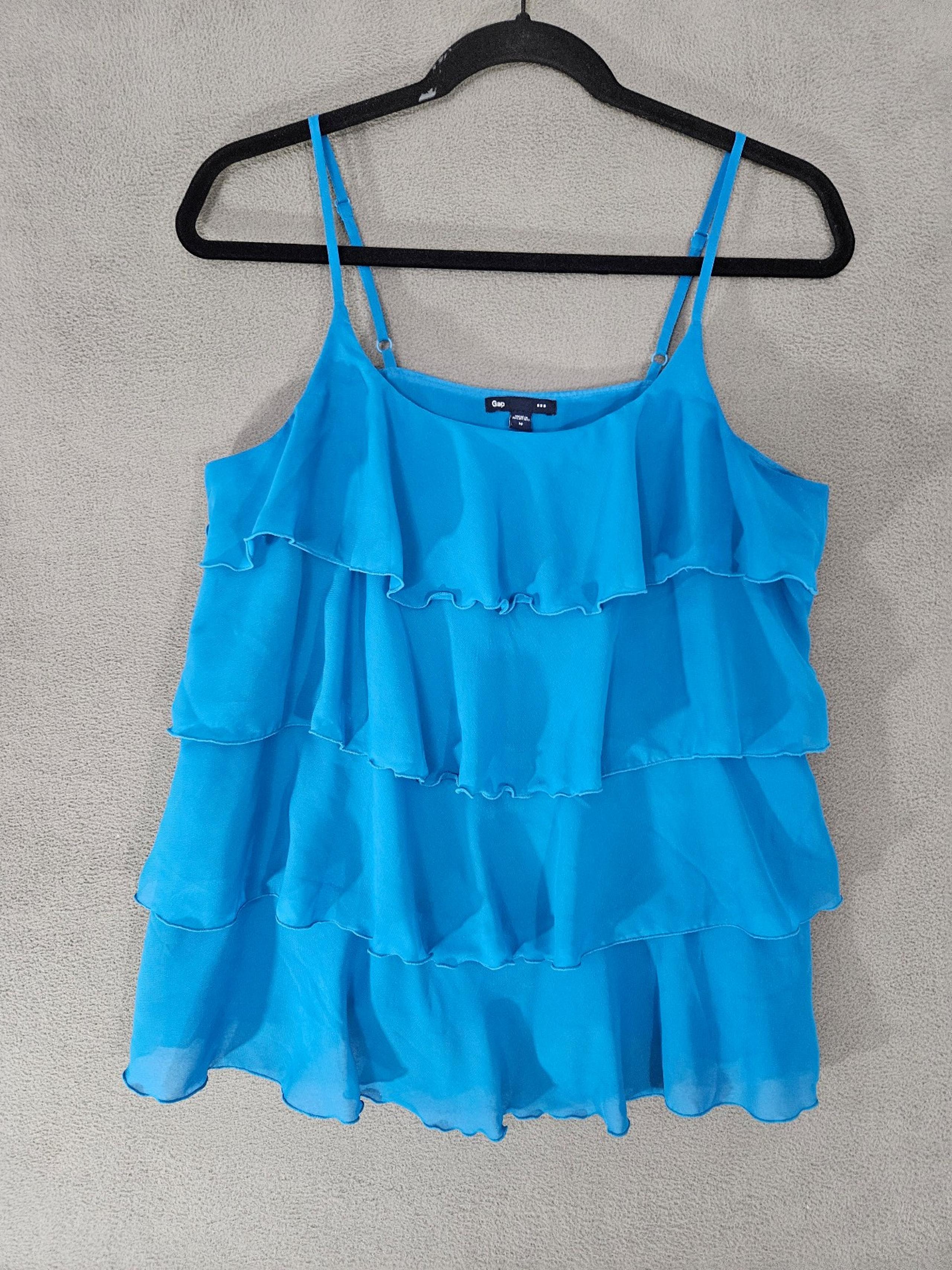 Gap Womens Medium Tank Top Shirt Blue Coquette Ruffles Spaghetti Strap Feminine