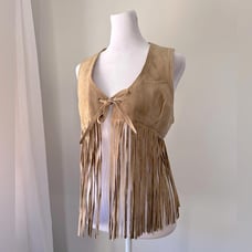 Last Kiss 100% Leather Tan Fringe V-Neck Tie Front Vest