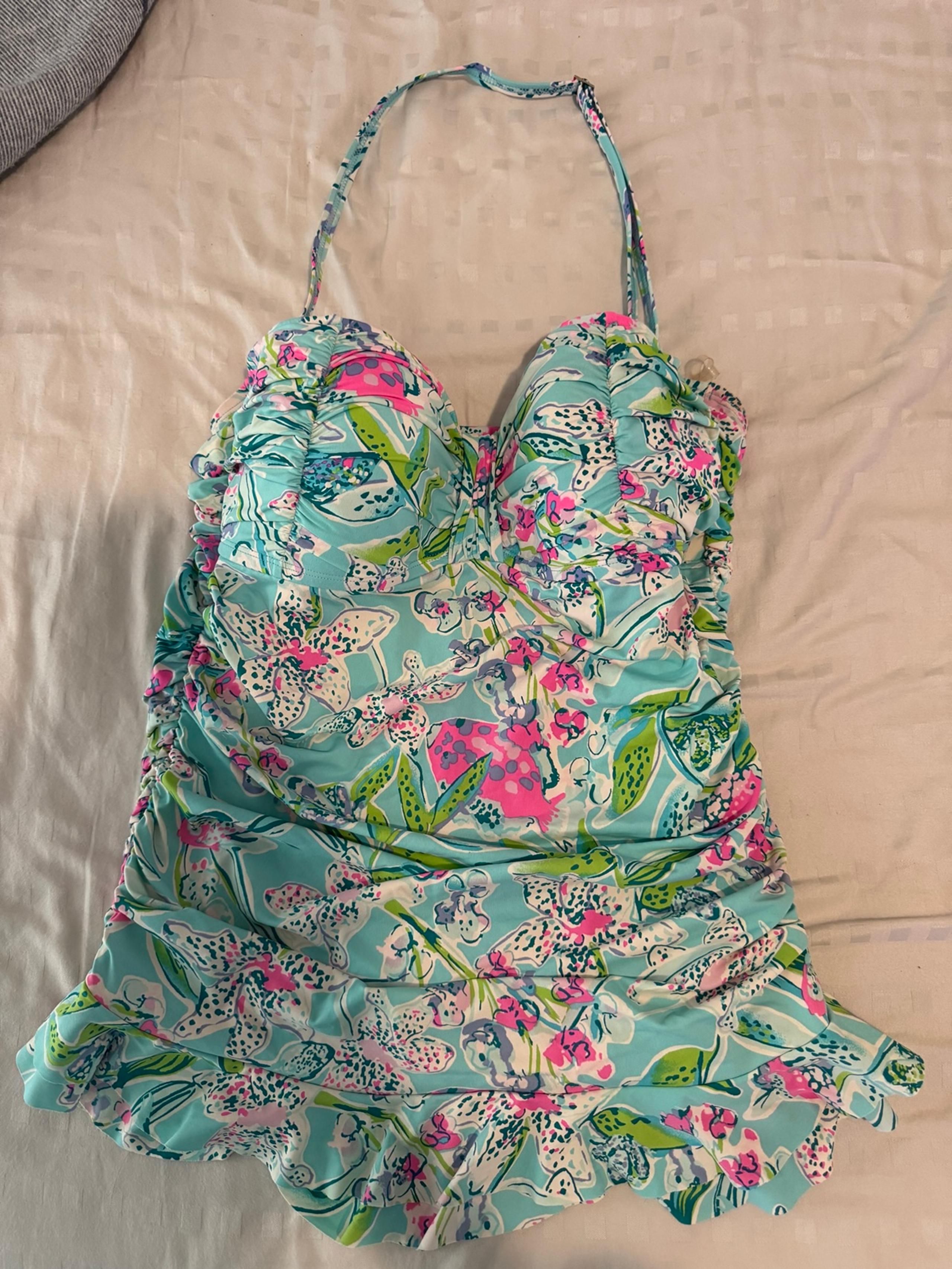 Lilly Pulitzer Swim Carmen Ruffle Tankini in Sway This Way Bali Blue Sz 10 Rare