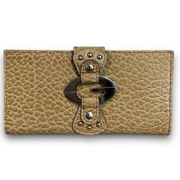 Y2K Vintage Guess Beige Pebbled Leather Trifold Wallet Checkbook Holder