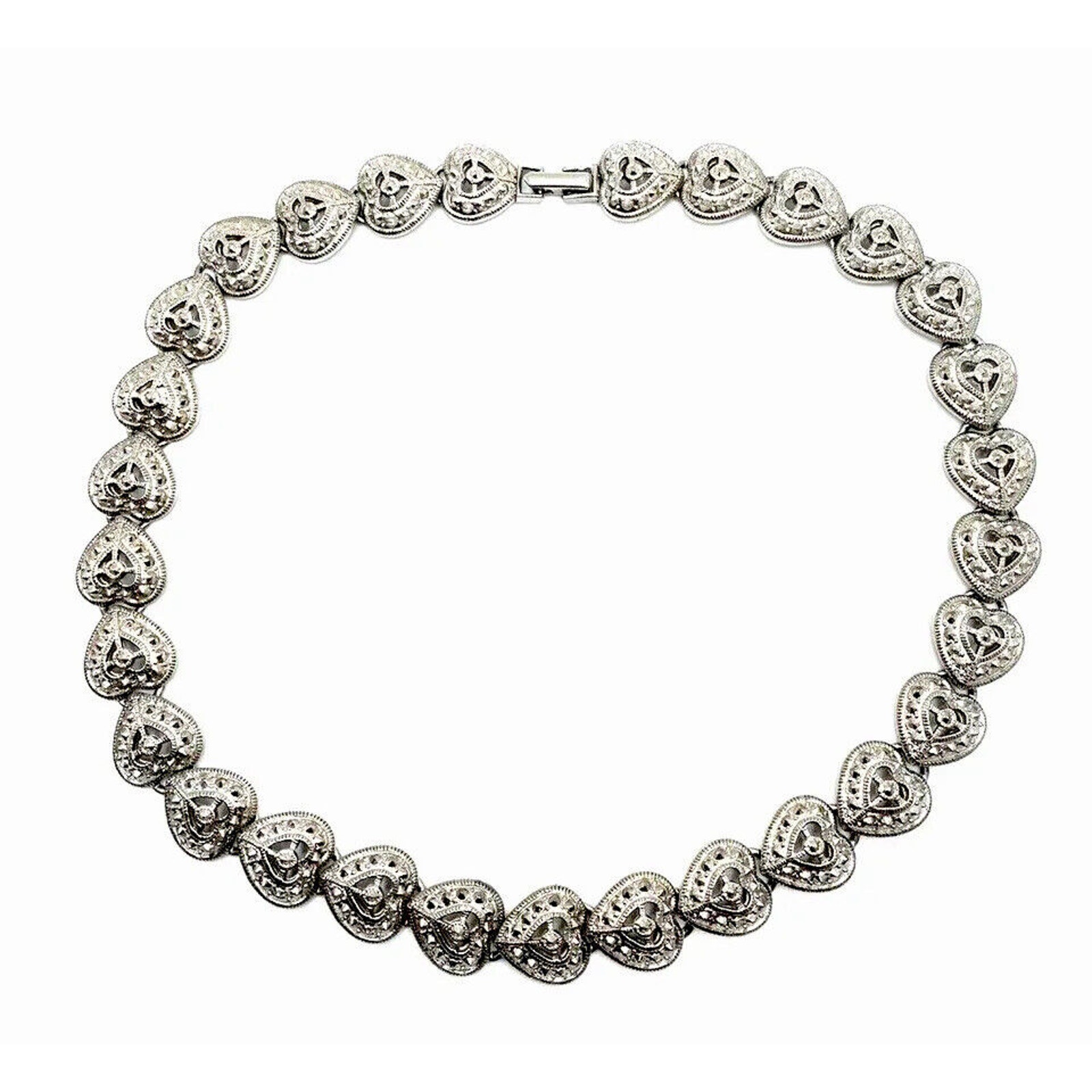 Silver Marcasite Hearts Collar Necklace Chainlink Openwork Love Vintage Estate