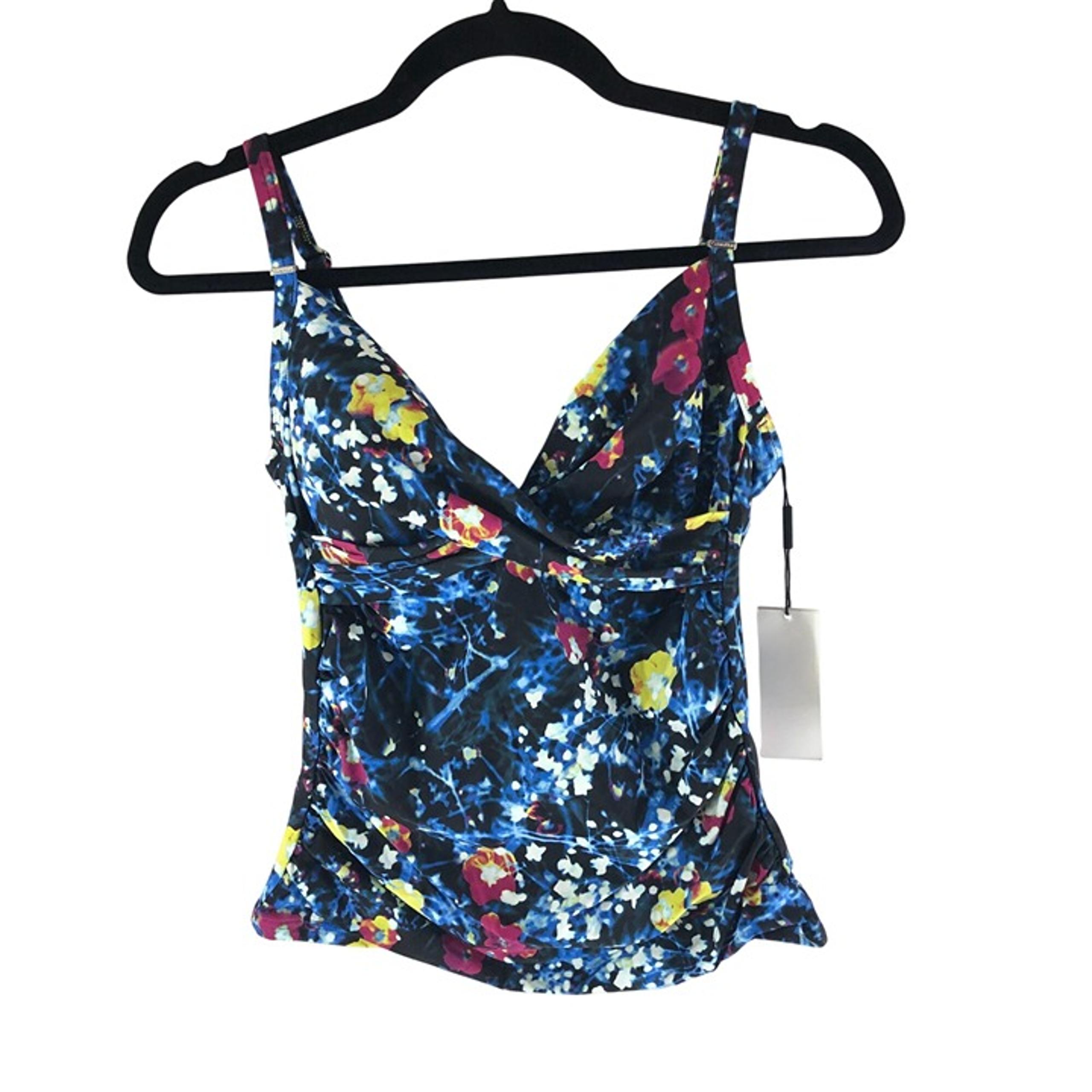 Calvin Klein Tankini Top Molded Cups Twist Front Floral Black Blue XS
