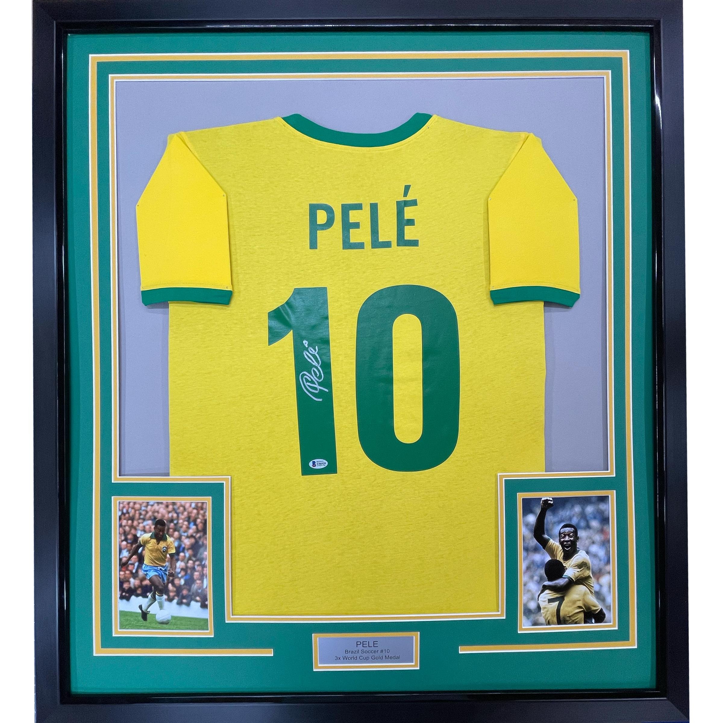 Framed Autographed/Signed Pele 35x39 Brazil Yellow Soccer Futbol Jersey Beckett