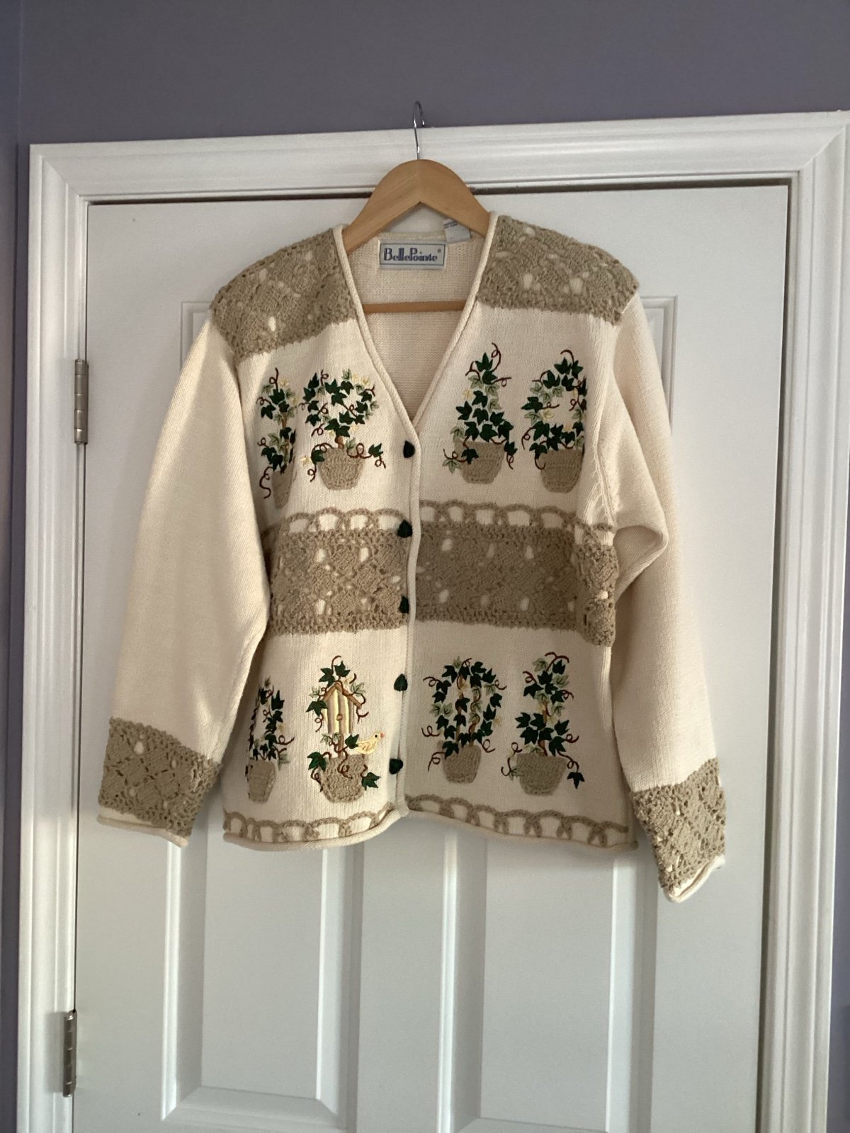Vintage Belle Point Cottage Floral Leaf and Plant Knit Cardigan Sweater L