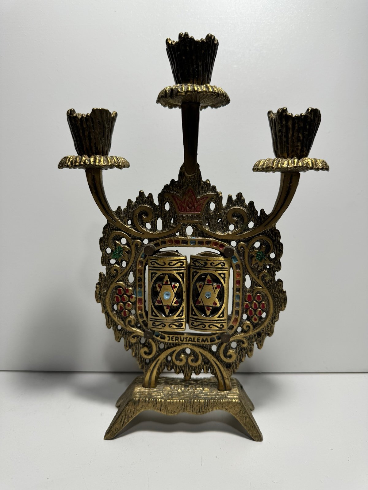 Vintage Judaica Jerusalem Brass Ten Commandments Candelabra Made in Israel