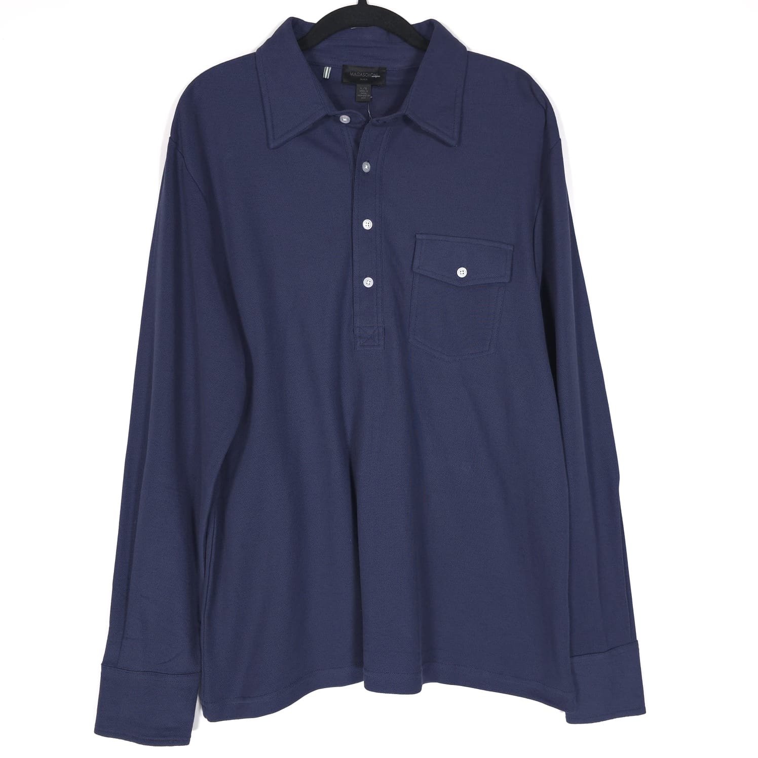 NWT MAGASCHONI MAN 100% SUPIMA COTTON Long Sleeve Polo Shirt Mesh Navy LARGE