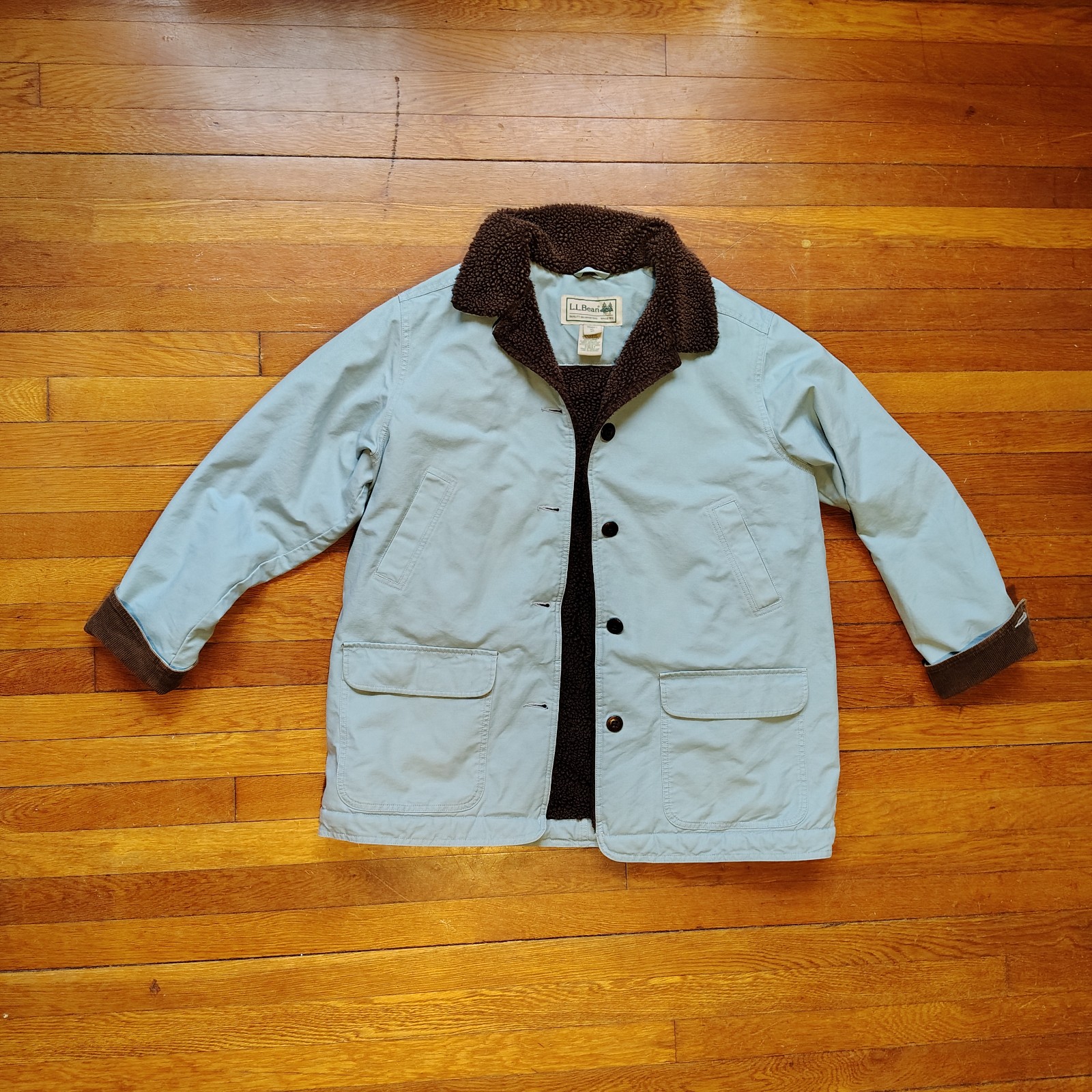 LL Bean Chore Coat Women XL Baby Blue Lined Sherpa Collar Trim Field Barn Jacket