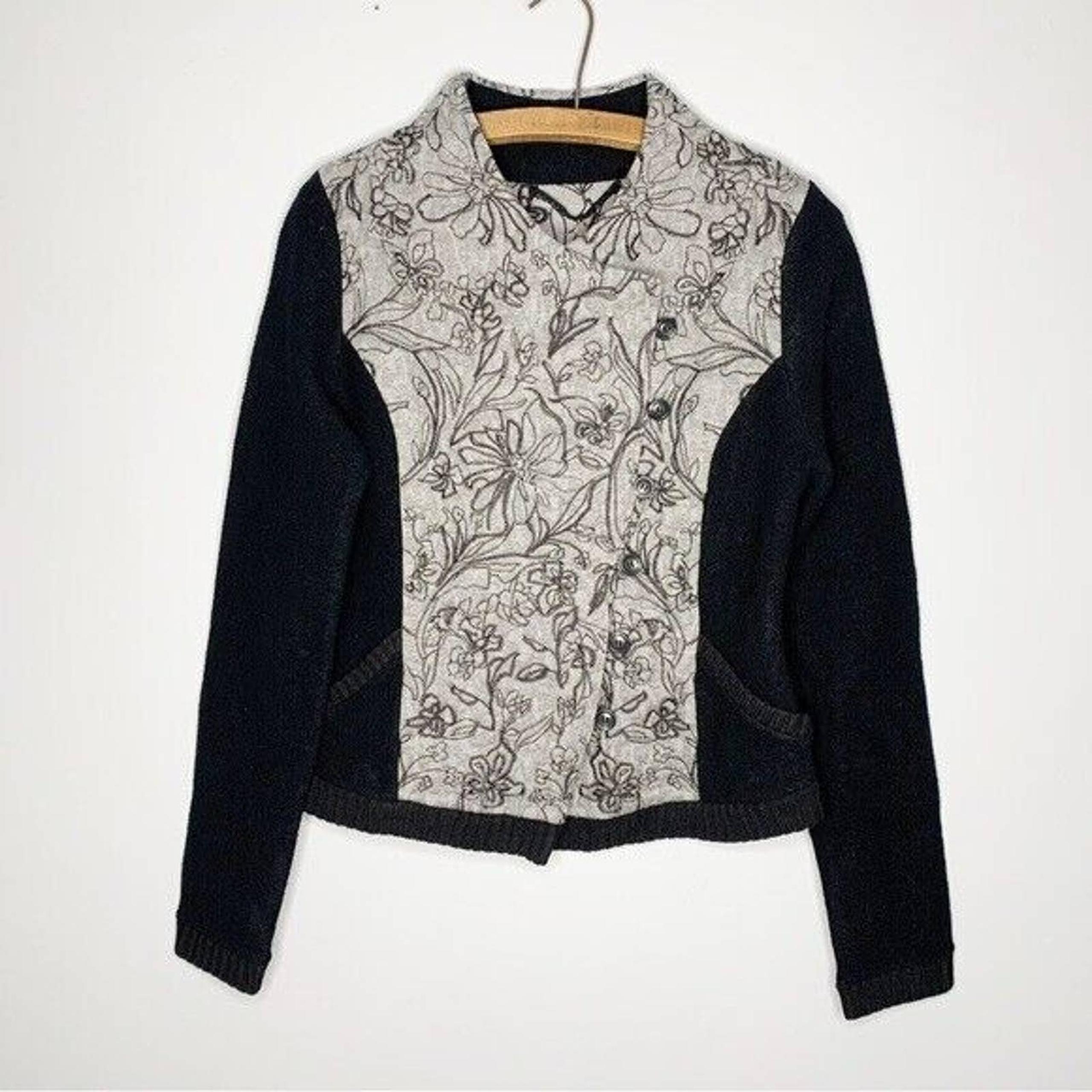 Anthropologie Burke Bomber Jacket by Knitted & Knotted Gray Black Wool Floral