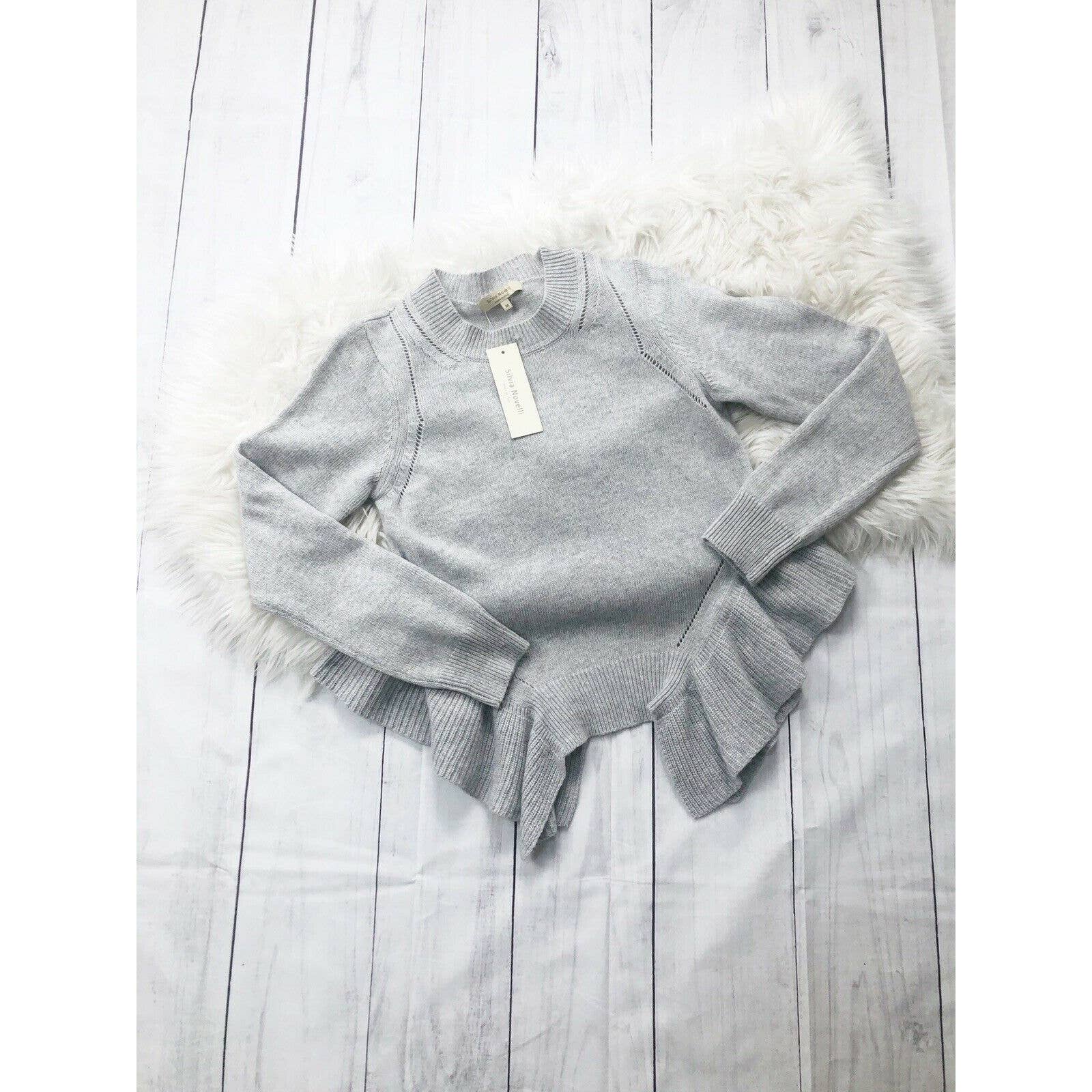 Silvia Novelli Womens Size Medium Ruffle Trim Grey Sweater NEW