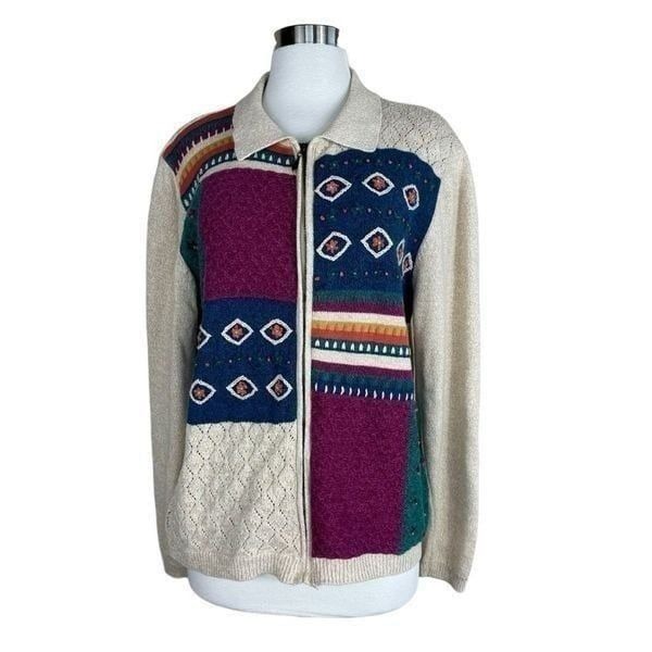 Vintage 90s Alfred Dunner Multicolored Patched Zip Sweater Jacket Size Large