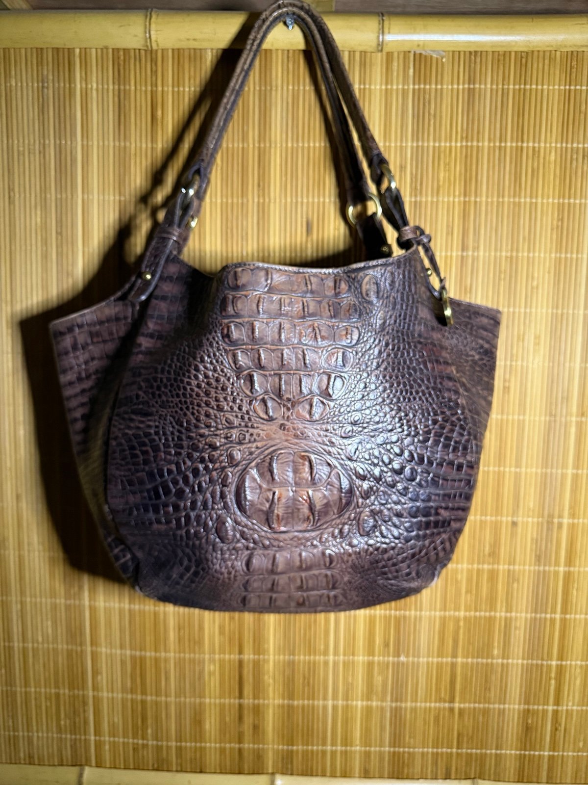 Brahmin Double Strap Brown Croc Embossed Leather Hobo Shoulder Bag Carryall