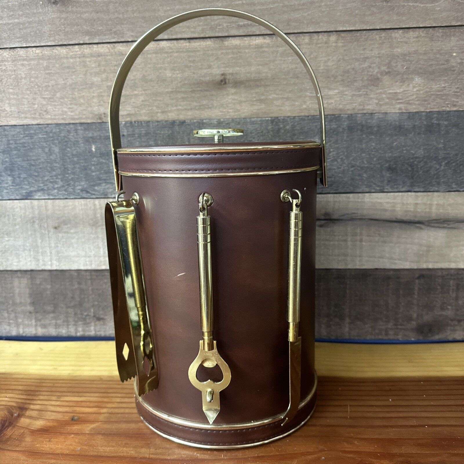 Preferred Stock Barware MCM Ice Wine Bucket Chiller Brown/Gold, With Utensils￼