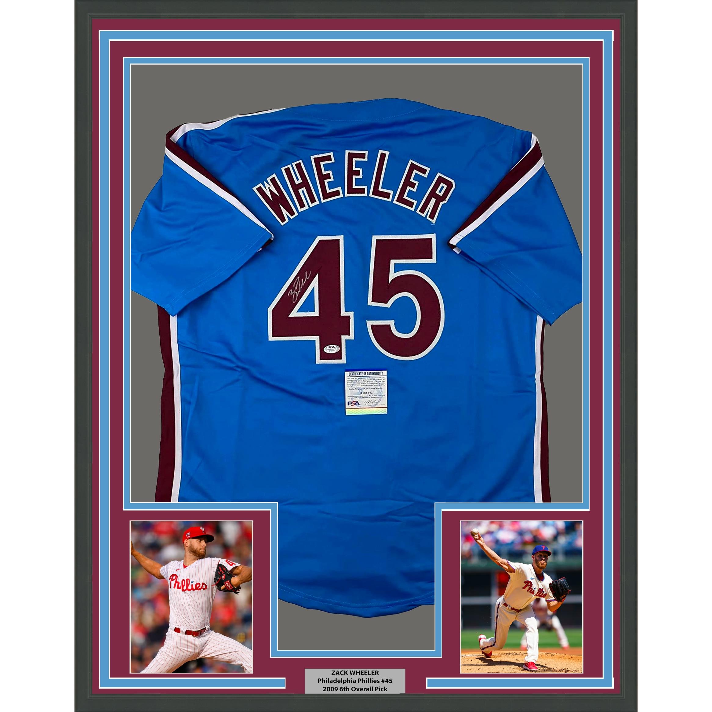 Framed Autographed/Signed Zack Wheeler 35x39 Philadelphia Blue Retro Jersey PSA
