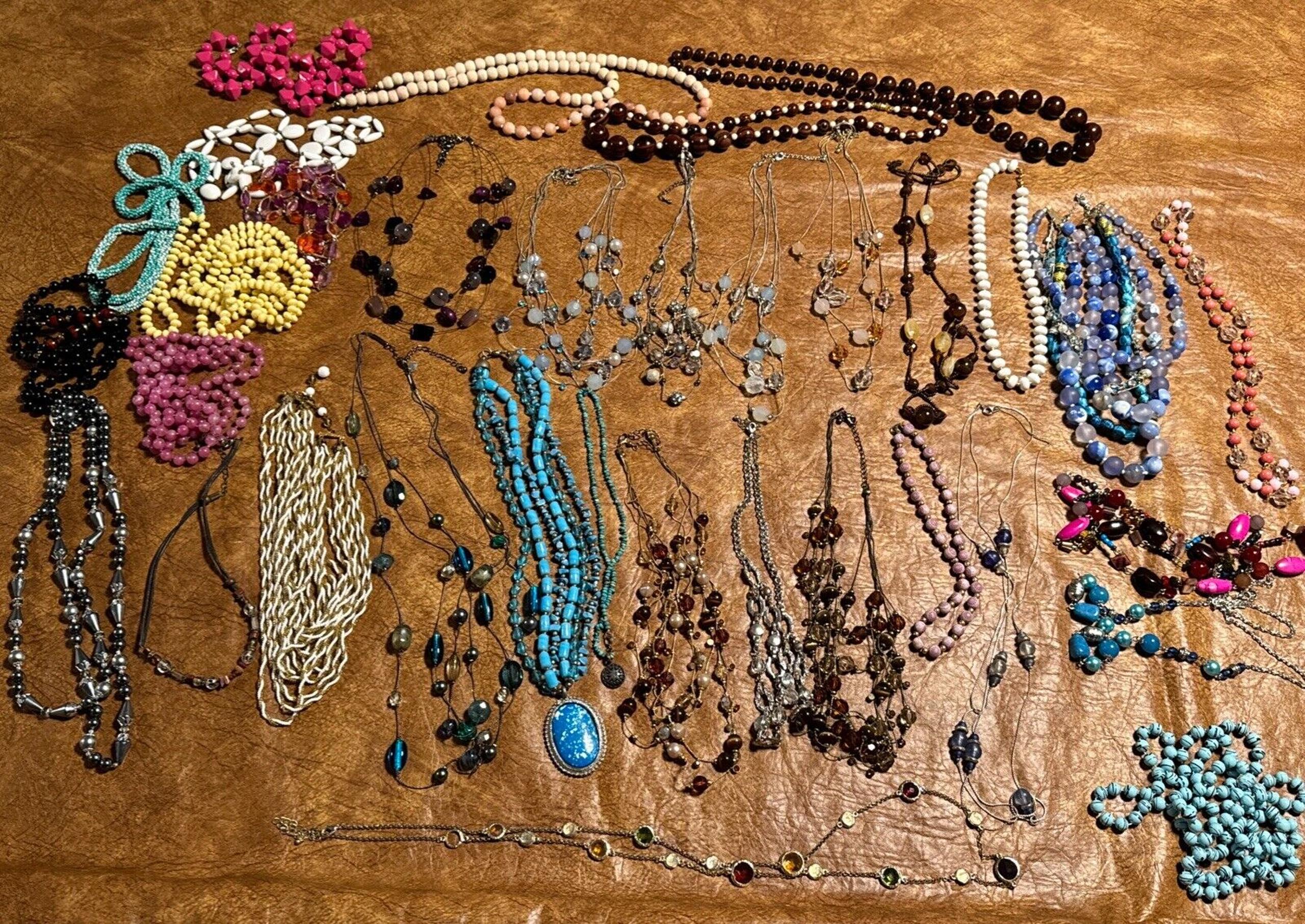 Lot of 34 Necklace Bead Chain Gold Silver Faux Pearl Rhinestone Glass Plastic