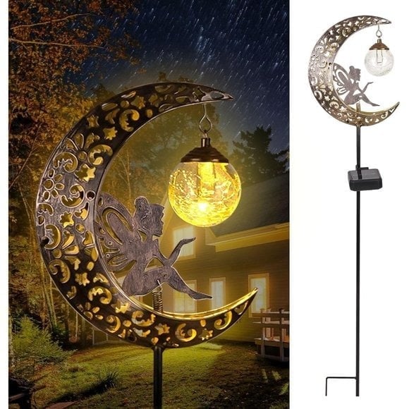 New Solar Garden Lights, Moon Fairy Crackle Glass LED Stake for Walkway Decor