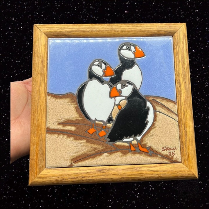 Caprichio Tile Penguin Bird Family wood frame Trivet Seattle Ceramic Signed 1986 Caprichio Tile Penguin Bird Family wood frame Trivet Seattle Ceramic Signed 1986
